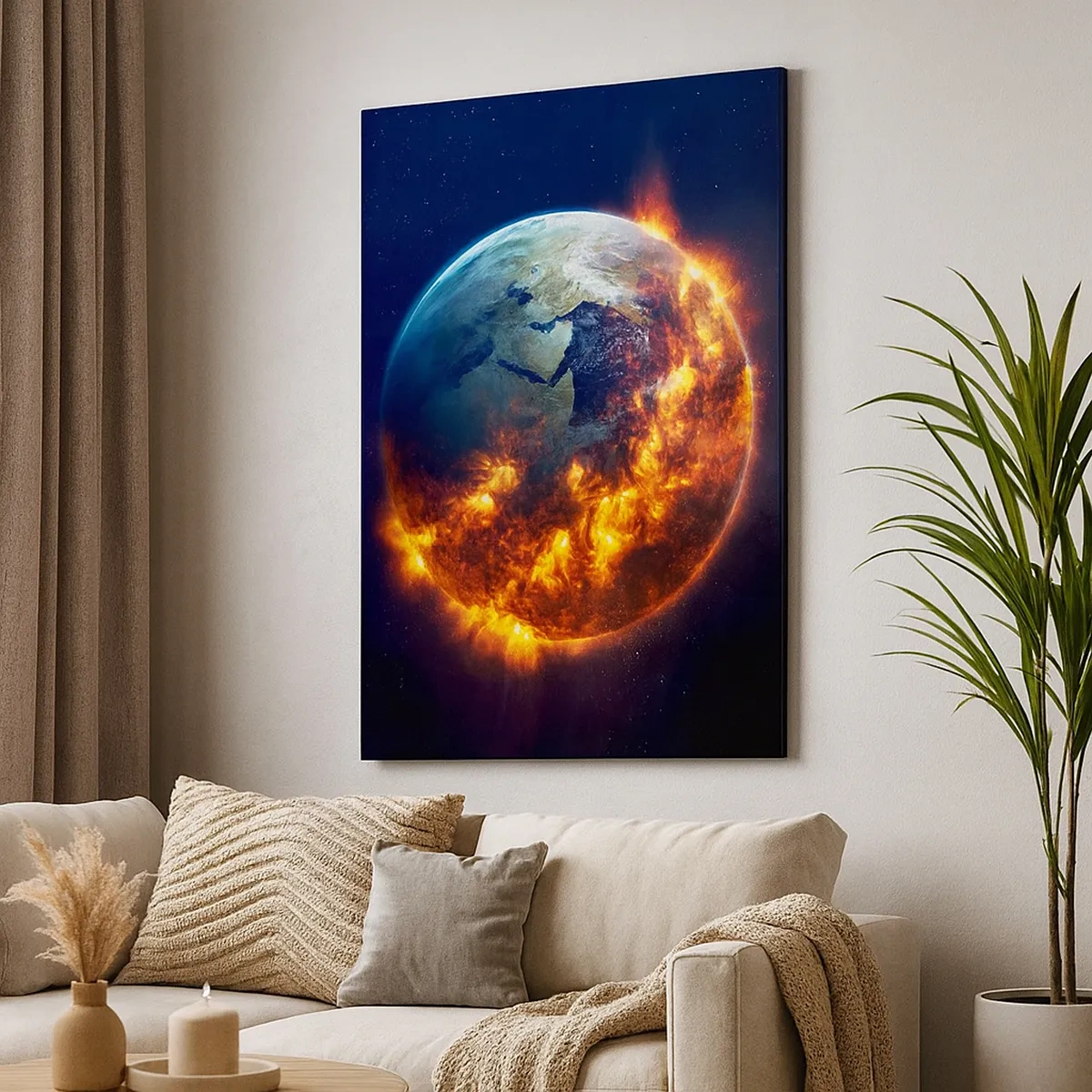 Bild auf Leinwand - Leinwandbild - Der Planet Erde brennt im Weltraum - 50x70cm - Die Flamme der Apokalypse - Moderne Wanddekoration für Wohnzimmer und Schlafzimmer ARTTOR