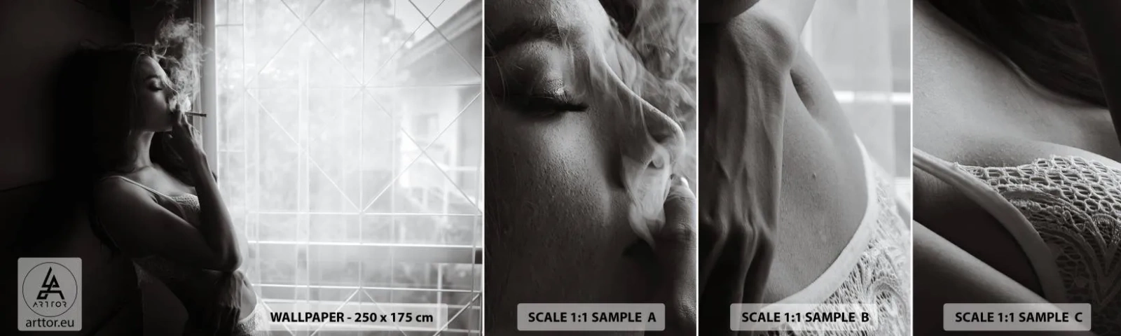 Fototapetenmuster Standard Eco - Sinnlicher Moment - Frau, Zigarette, Schlafzimmer - 100x30 cm