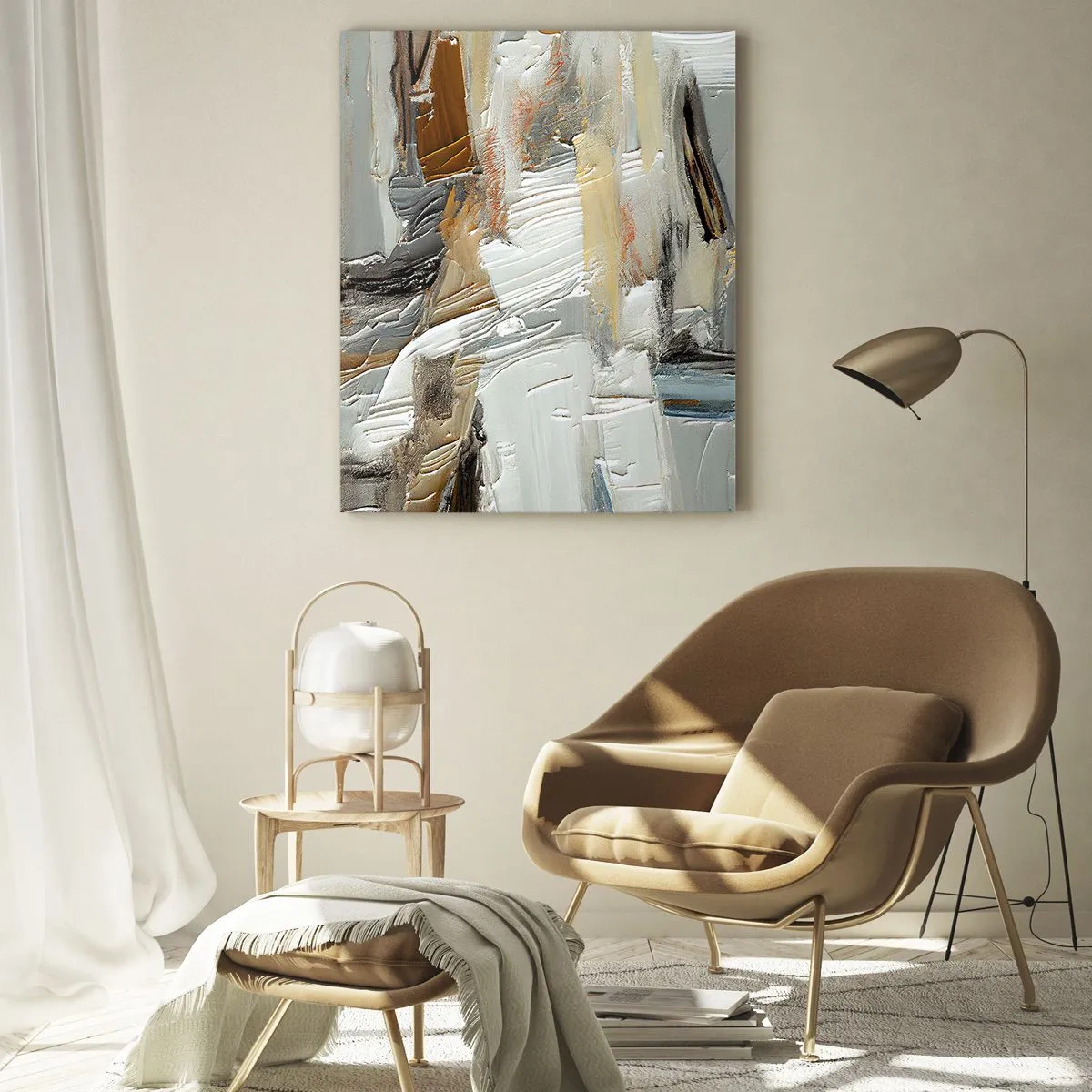 Glasbild - Bild auf glas - Texturale Abstraktion in Erdtönen und Weiß - 70x100cm - Bunte Schichten - Moderne Wanddekoration für Wohnzimmer und Schlafzimmer ARTTOR