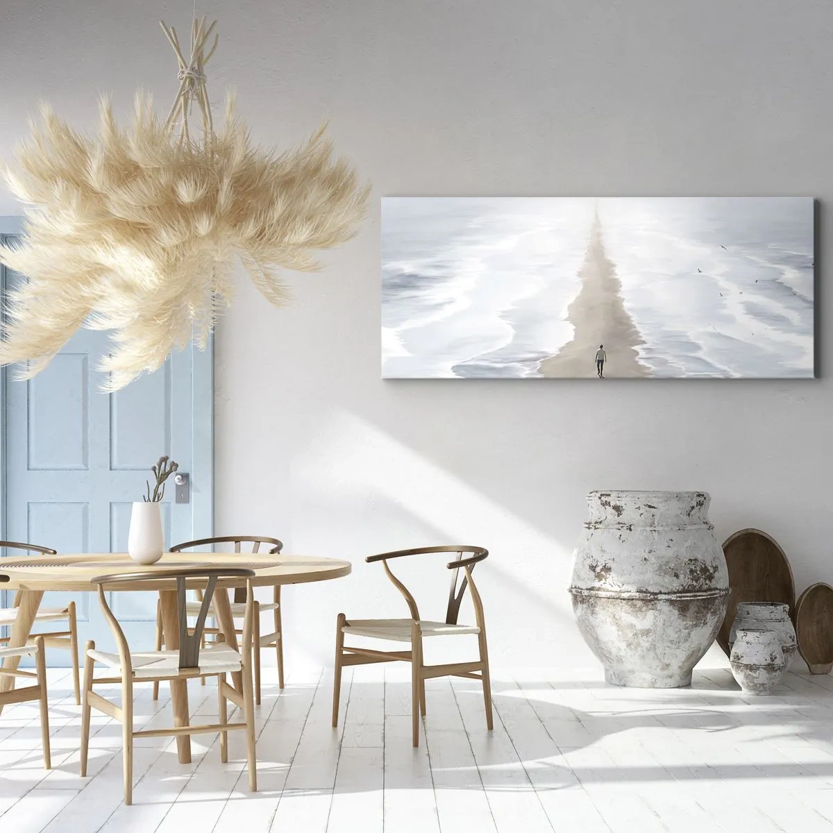 Bild auf Leinwand - Leinwandbild - Eine Figur auf einer einsamen Straße inmitten einer weiten Wasserlandschaft - 140x50cm - Glänzende Zukunft - Moderne Wanddekoration für Wohnzimmer und Schlafzimmer ARTTOR