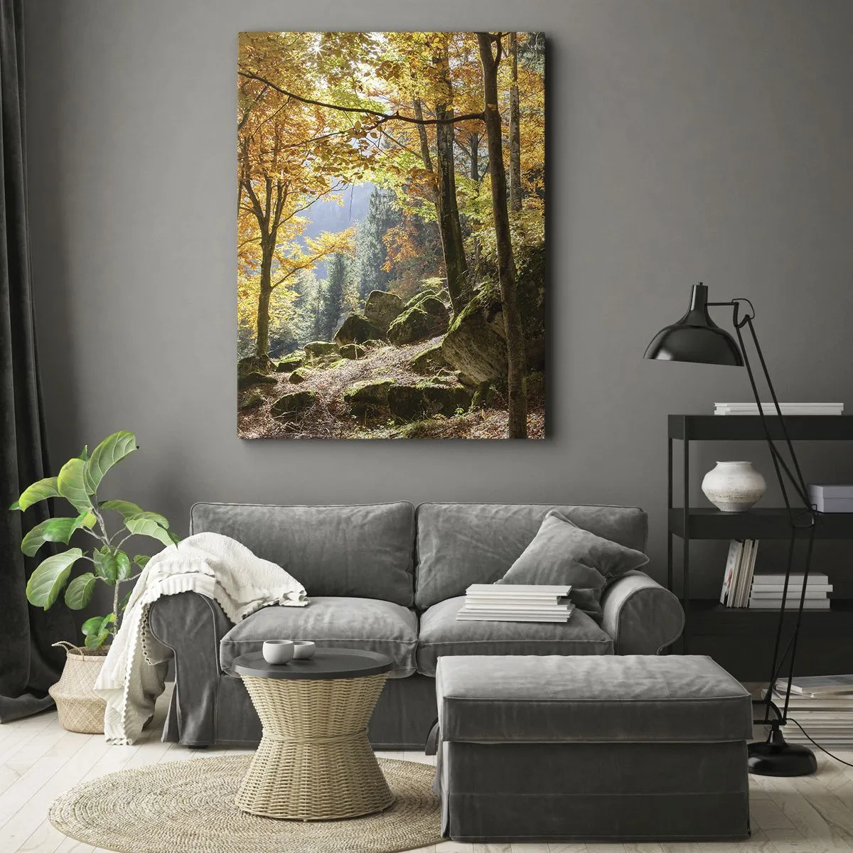 Bild auf Leinwand - Leinwandbild - Ein Herbstwald voller goldener Blätter und Sonnenlicht - 70x100cm - Zeit zum Entspannen - Moderne Wanddekoration für Wohnzimmer und Schlafzimmer ARTTOR