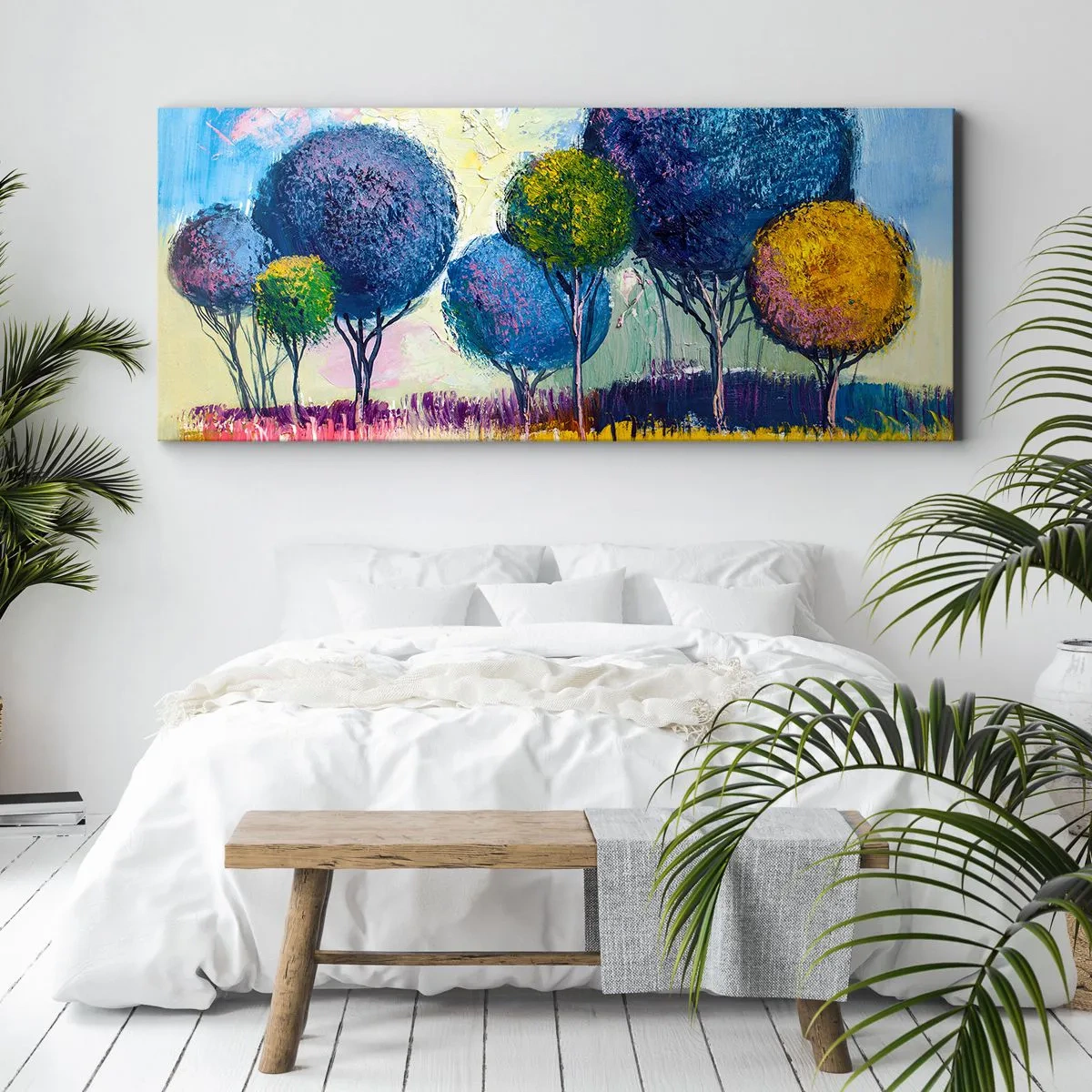 Bild auf Leinwand - Leinwandbild - Bunte kugelförmige Bäume vor dem Hintergrund einer Landschaft - 120x50cm - Kugel - die Form des Ideals - Moderne Wanddekoration für Wohnzimmer und Schlafzimmer ARTTOR