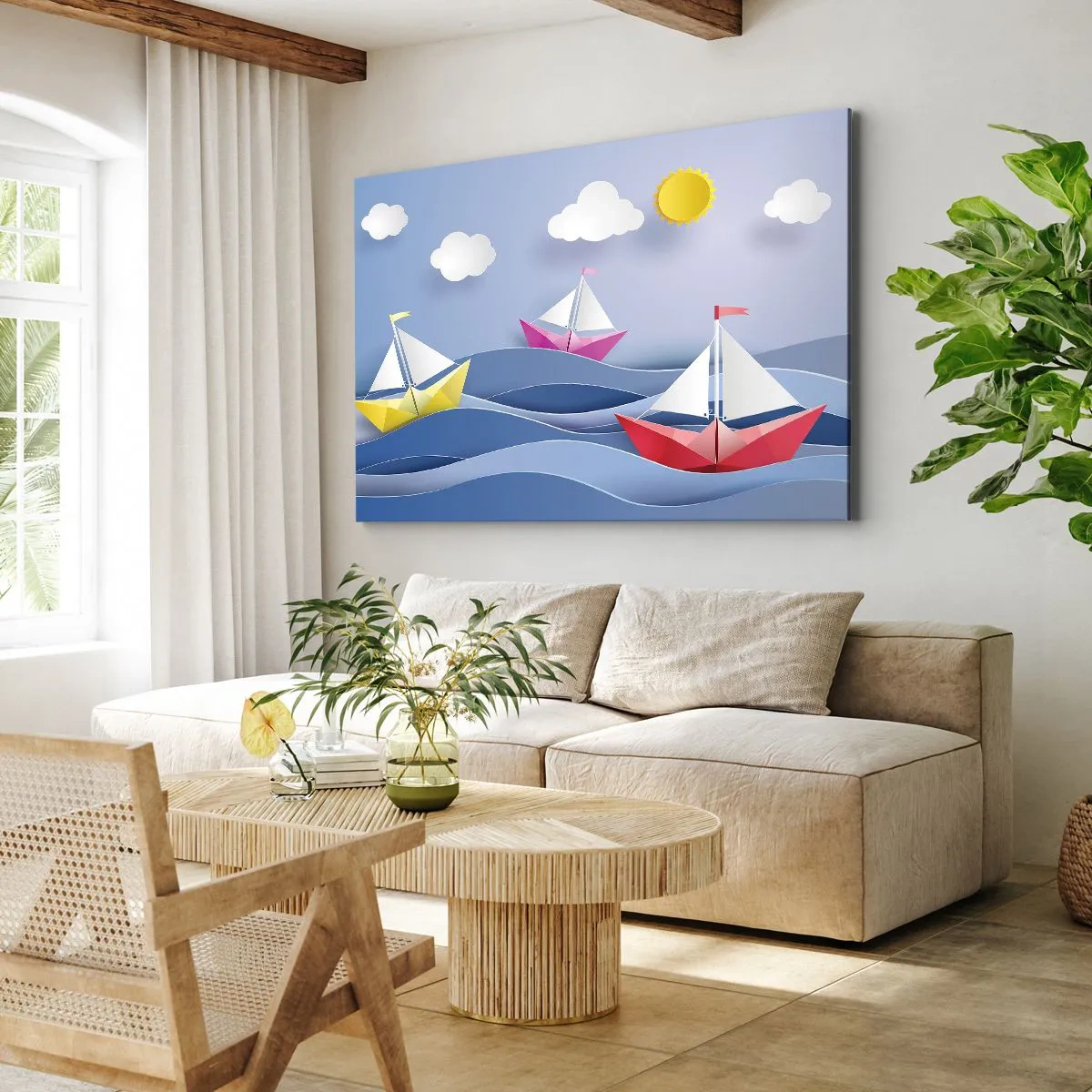 Bild auf Leinwand - Leinwandbild - Bunte Segelboote auf den Wellen an einem sonnigen Tag - 100x70cm - Ach, wie schön ist es, in den Wellen zu schwingen - Moderne Wanddekoration für Wohnzimmer und Schlafzimmer ARTTOR