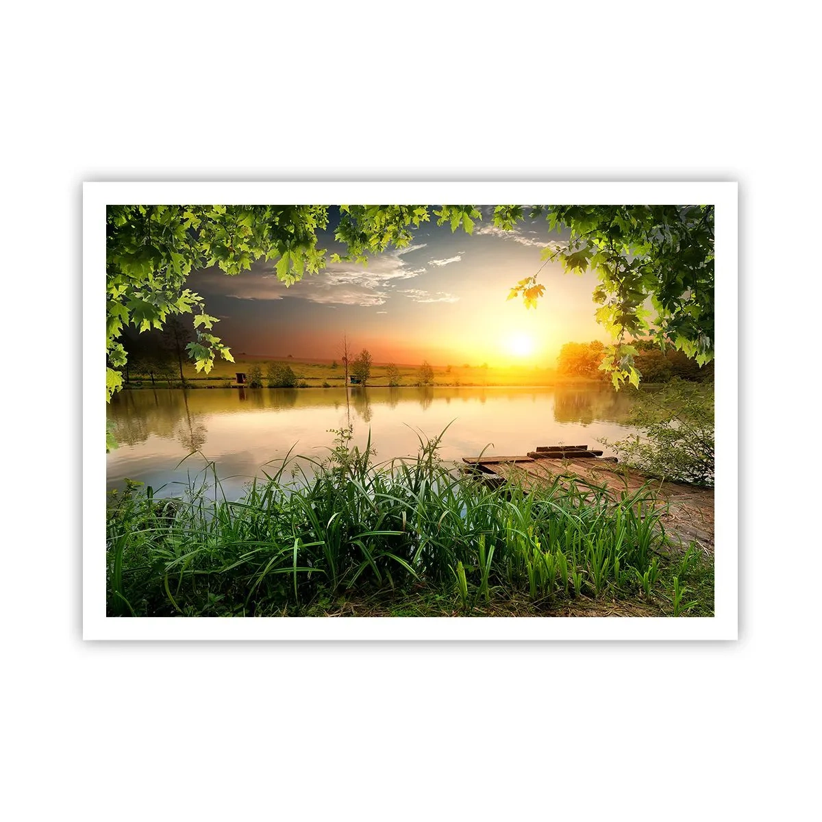 Poster - Grüne Landschaft mit einem See bei Sonnenuntergang - 100x70cm - Landschaft in einem grünen Rahmen - Moderne Wanddekoration für Wohnzimmer und Schlafzimmer ARTTOR