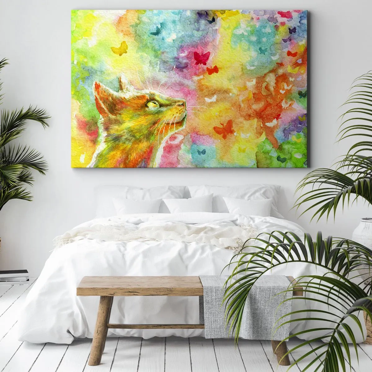 Bild auf Leinwand - Leinwandbild - Eine Katze umgeben von bunten Schmetterlingen - 120x80cm - Baju-baju im Katzenparadies - Moderne Wanddekoration für Wohnzimmer und Schlafzimmer ARTTOR