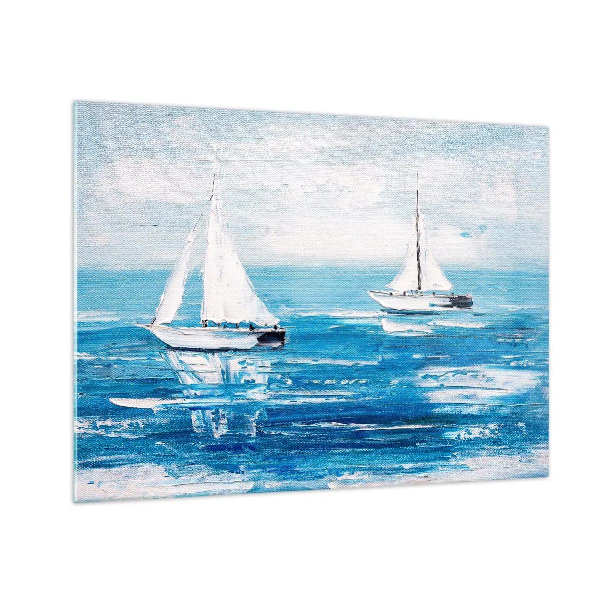 Glasbild - Bild auf glas - Zwei weiße Segelboote auf einem ruhigen blauen Meer - 70x50cm - Mit Freund an der Seite - Moderne Wanddekoration für Wohnzimmer und Schlafzimmer ARTTOR