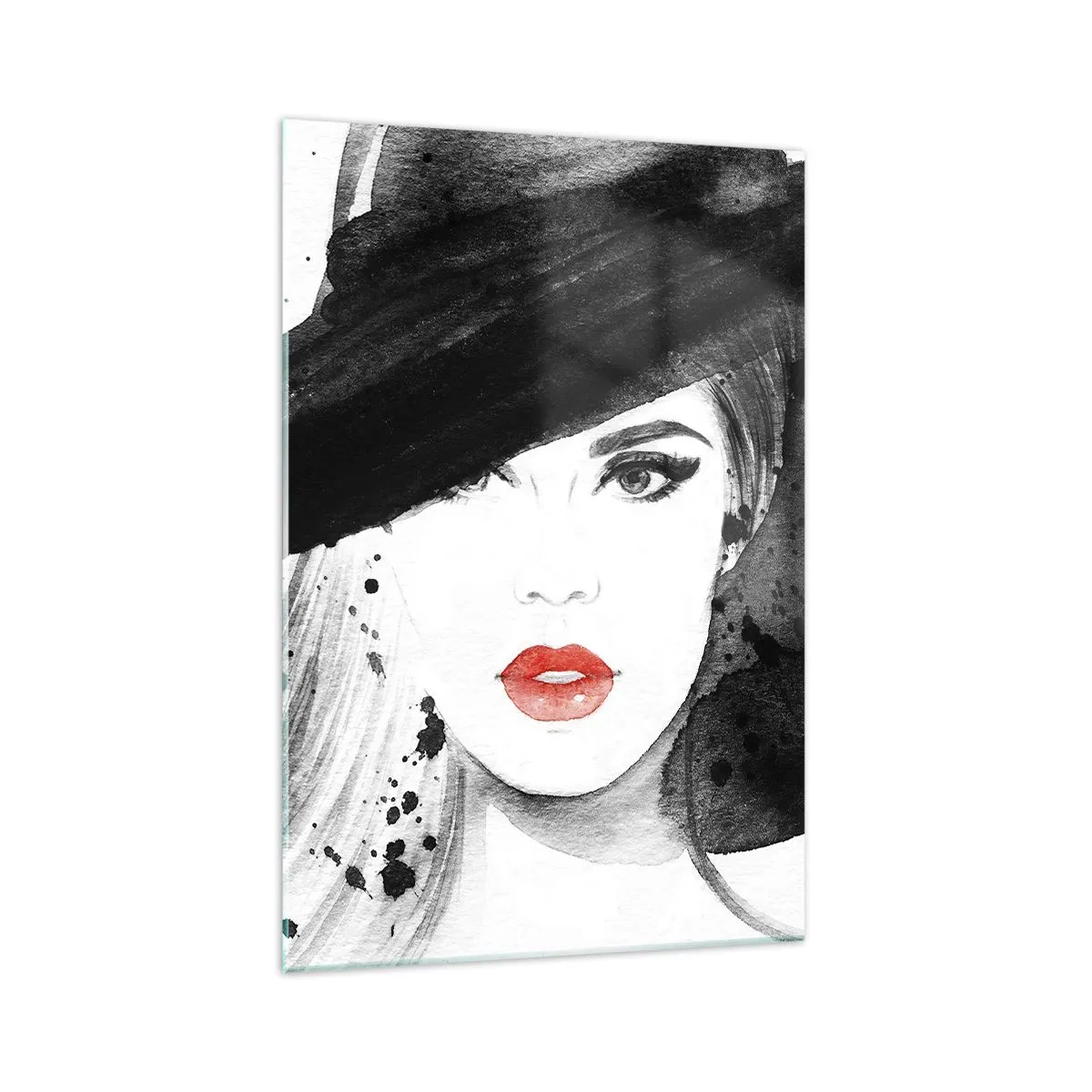Glasbild - Bild auf glas - Porträt einer Frau mit Hut und roten Lippen - 70x100cm - Frau in schwarz - Moderne Wanddekoration für Wohnzimmer und Schlafzimmer ARTTOR