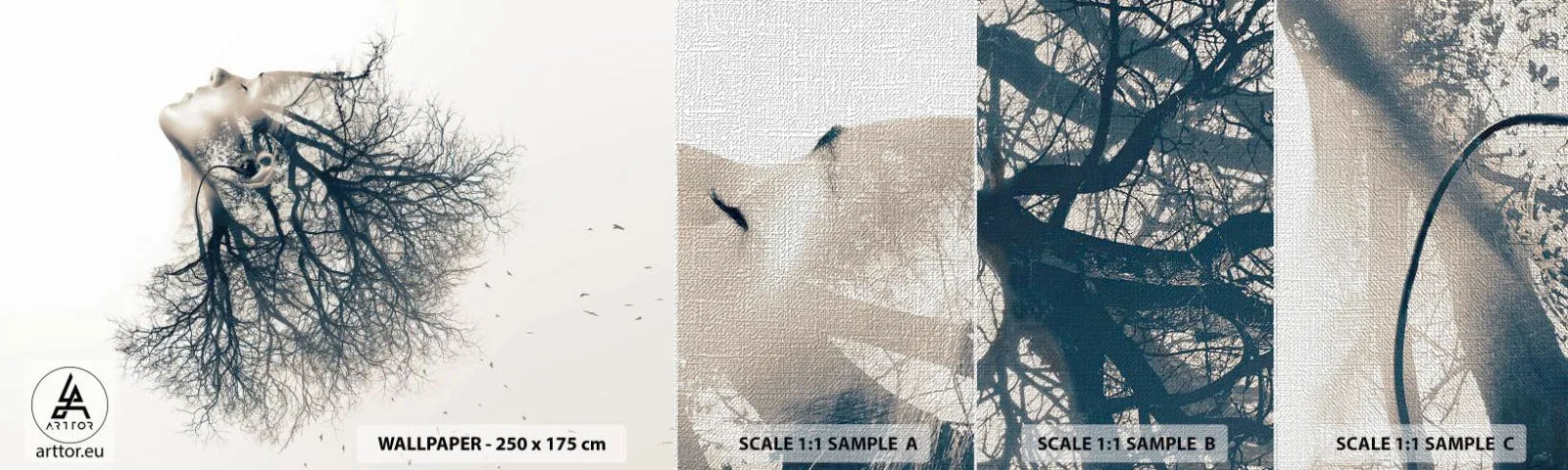 Fototapeten Muster Premium Canvas - Dem Rauschen der Bäume lauschen - Abstraktion, Das Gesicht einer Frau, Baum - 100x30 cm