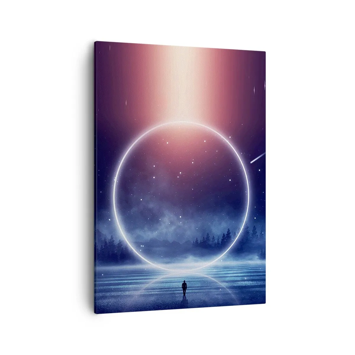 Bild auf Leinwand - Leinwandbild - Eine magische Landschaft mit einer Figur und einem Lichtkreis bei Nacht - 50x70cm - Sie sind schon da ... - Moderne Wanddekoration für Wohnzimmer und Schlafzimmer ARTTOR