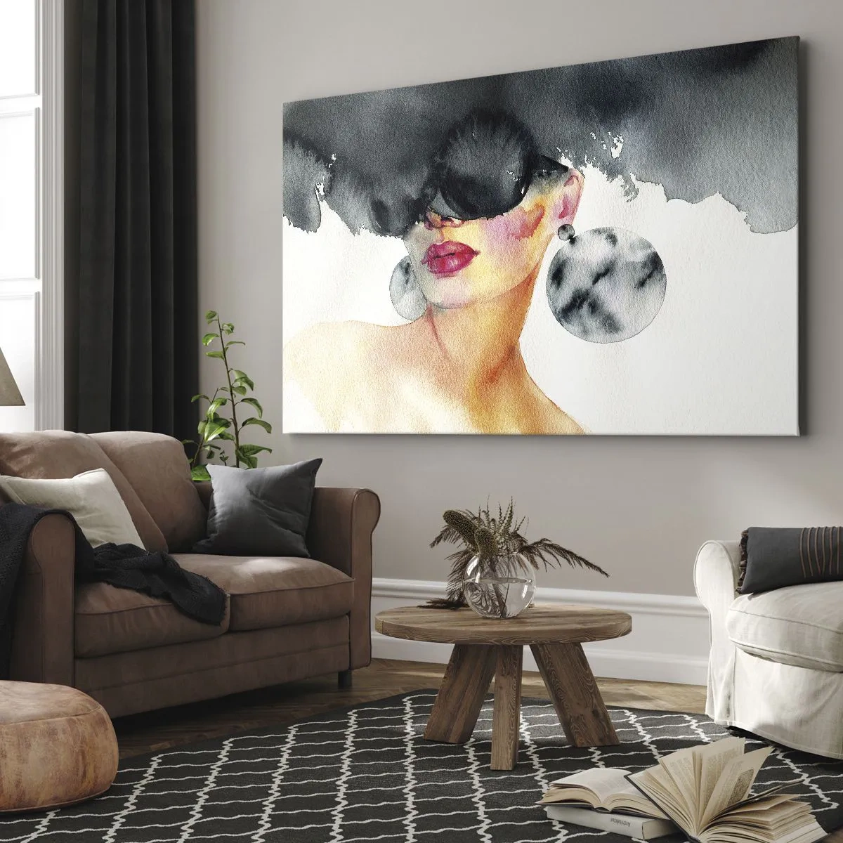 Bild auf Leinwand - Leinwandbild - Eine Frau mit stylischer Brille und großen Ohrringen - 120x80cm - Das Geheimnis der Eleganz - Moderne Wanddekoration für Wohnzimmer und Schlafzimmer ARTTOR