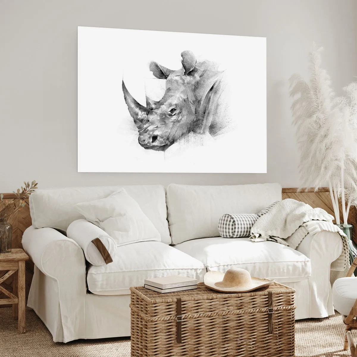 Poster - Künstlerisches Porträt eines Nashorns in Schwarzweiß - 100x70cm - Afrikanisches Porträt - Moderne Wanddekoration für Wohnzimmer und Schlafzimmer ARTTOR