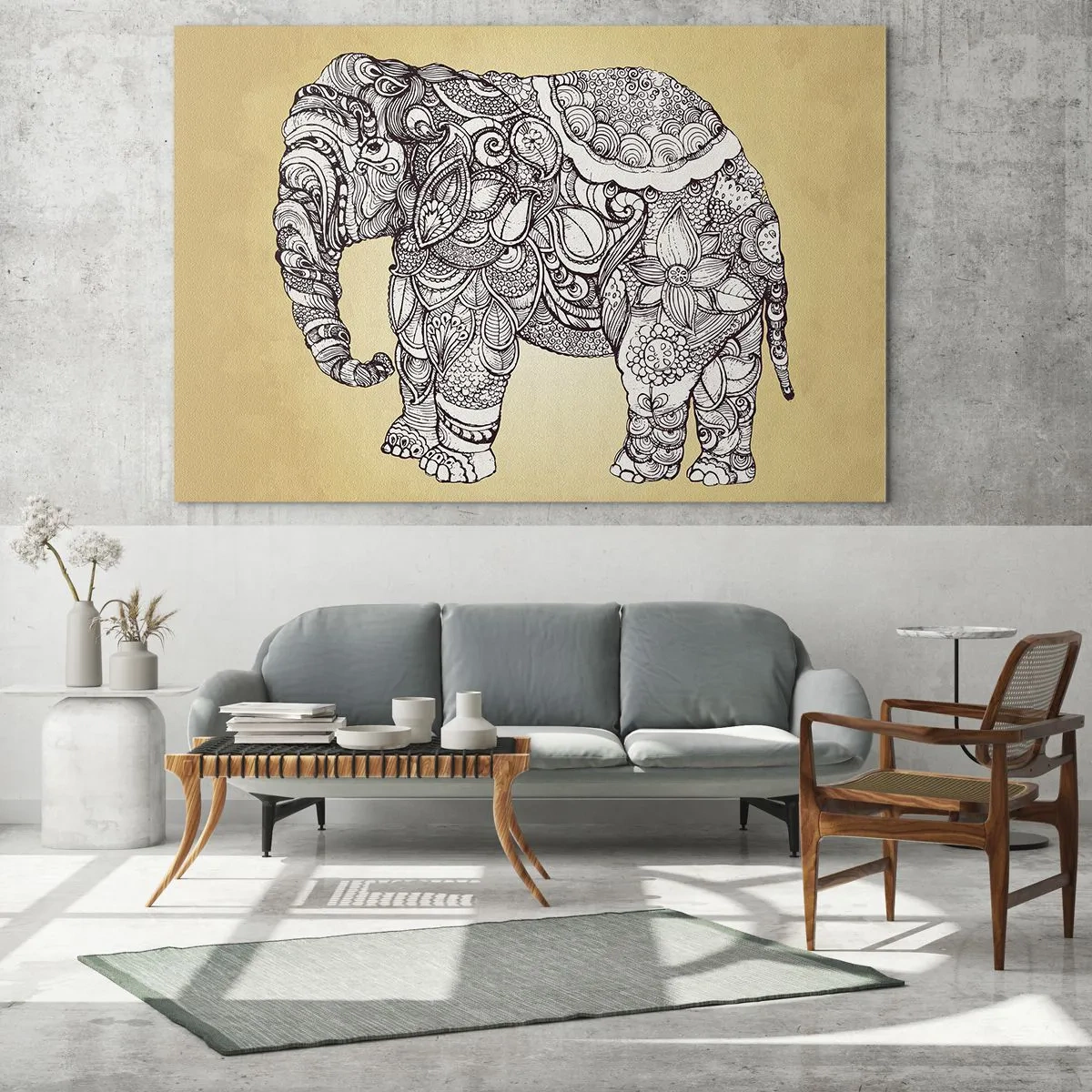 Glasbild - Bild auf glas - Schwarz-weißer Elefant mit orientalischen Mustern auf beigem Hintergrund - 70x50cm - Elefant verhüllte sich - Moderne Wanddekoration für Wohnzimmer und Schlafzimmer ARTTOR