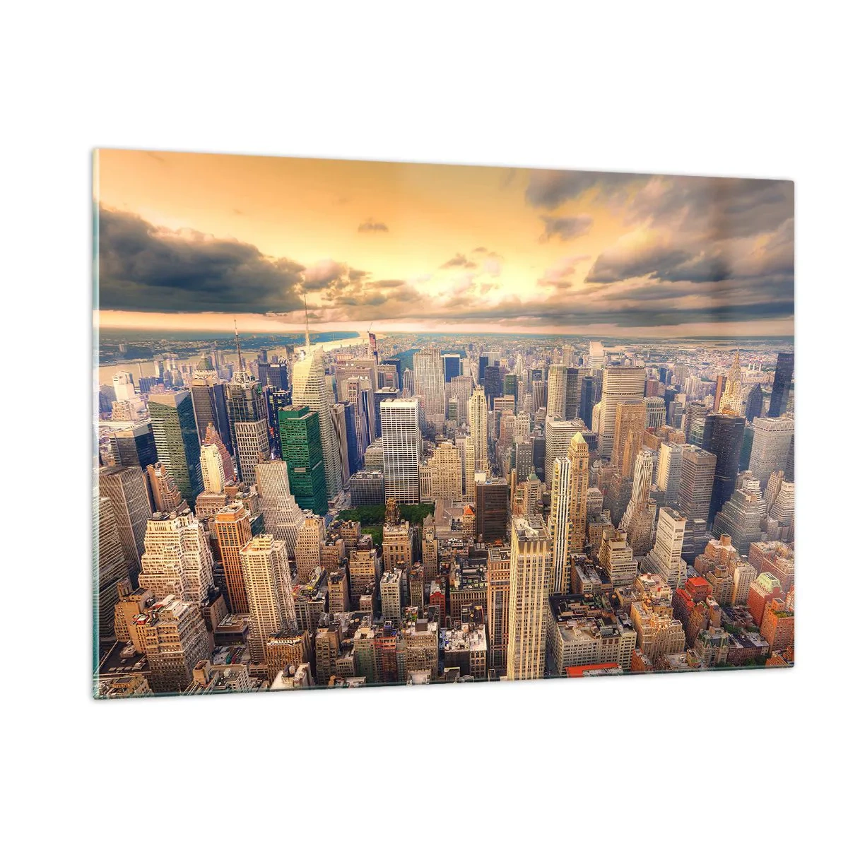 Glasbild - Bild auf glas - Stadtpanorama mit Wolkenkratzern bei Sonnenuntergang - 120x80cm - Vergoldete Metropole - Moderne Wanddekoration für Wohnzimmer und Schlafzimmer ARTTOR