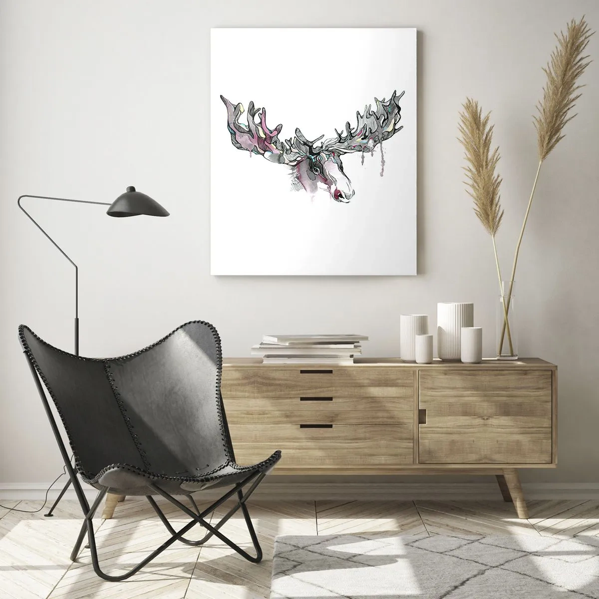 Glasbild - Bild auf glas - Buntes Aquarell eines Elches mit ausgedehntem Geweih - 50x70cm - Krone des Waldkönigs - Moderne Wanddekoration für Wohnzimmer und Schlafzimmer ARTTOR