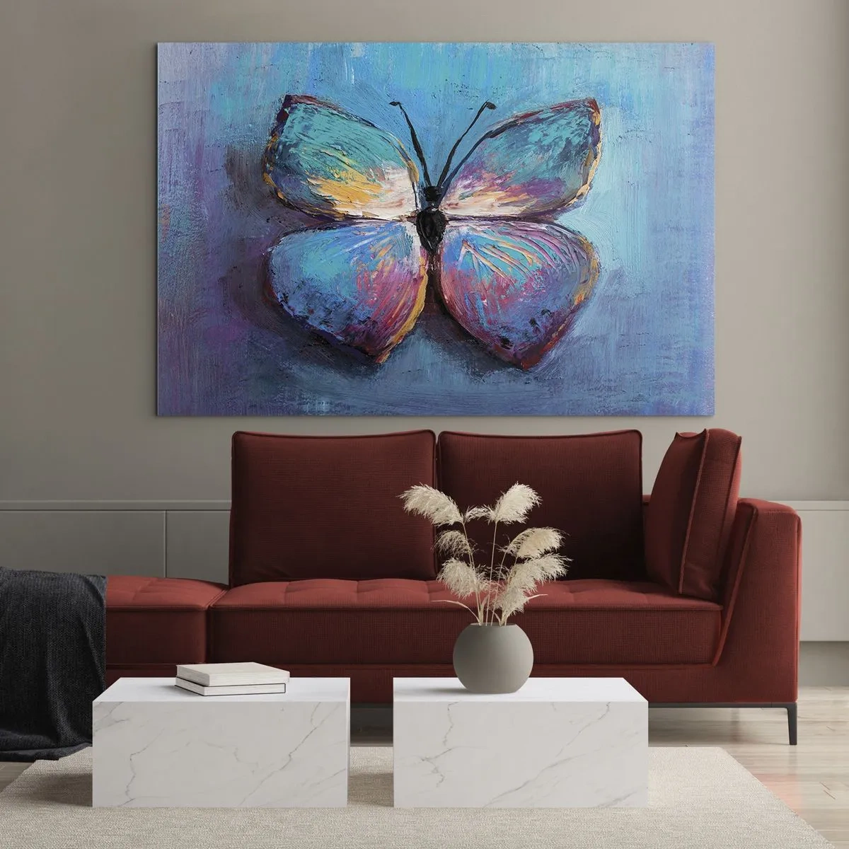 Glasbild - Bild auf glas - Ein bunter Schmetterling vor einem Hintergrund aus abstrakten Farben in Blau- und Lilatönen. - 100x70cm - In all seiner Pracht - Moderne Wanddekoration für Wohnzimmer und Schlafzimmer ARTTOR