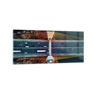 Glasbild - Bild auf glas - Luftaufnahme der Brücke über den Fluss und der Herbstlandschaft - 120x50cm - Jenseits der Gewässer, jenseits der Wälder - Moderne Wanddekoration für Wohnzimmer und Schlafzimmer ARTTOR