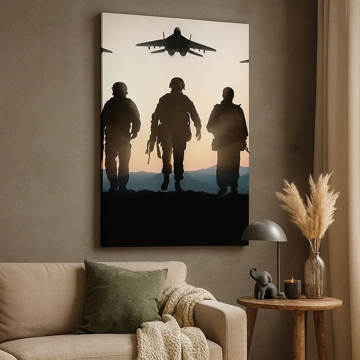 Bild auf Leinwand - Leinwandbild - Silhouetten von Soldaten und Kampfjets vor dem Hintergrund des Sonnenuntergangs - 50x70cm - Willkommen in unserer Welt - Moderne Wanddekoration für Wohnzimmer und Schlafzimmer ARTTOR