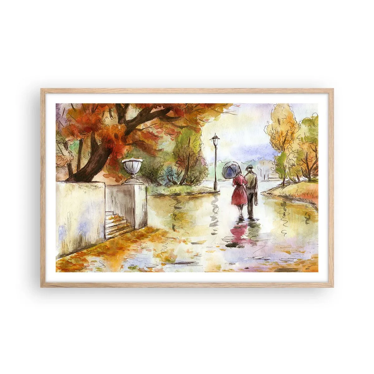 Poster in einem Rahmen aus heller Eiche - Romantischer Herbst im Park - 91x61 cm