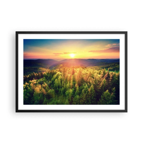 Poster in einem schwarzem Rahmen - Waldlandschaft mit Sonnenuntergang über den Hügeln - 70x50cm - Scheitelpunkte und Spitzen - Moderne Wanddekoration für Wohnzimmer und Schlafzimmer ARTTOR