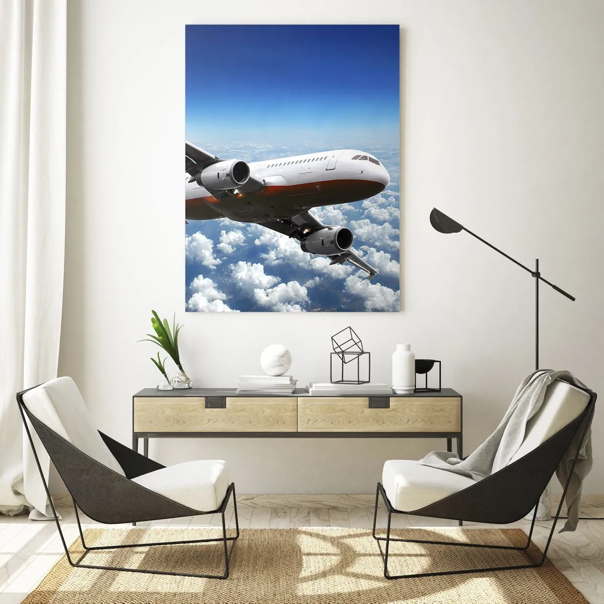 Glasbild - Bild auf glas - Ein Passagierflugzeug fliegt über den Wolken vor blauem Himmel - 50x70cm - Entferne dich von allem - Moderne Wanddekoration für Wohnzimmer und Schlafzimmer ARTTOR