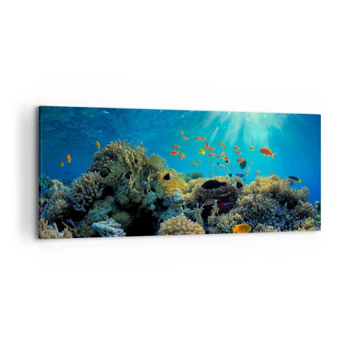 Bild auf Leinwand - Leinwandbild - Korallenriff mit Fischen in den Sonnenstrahlen unter Wasser - 120x50cm - Unterwasserschätze - Moderne Wanddekoration für Wohnzimmer und Schlafzimmer ARTTOR