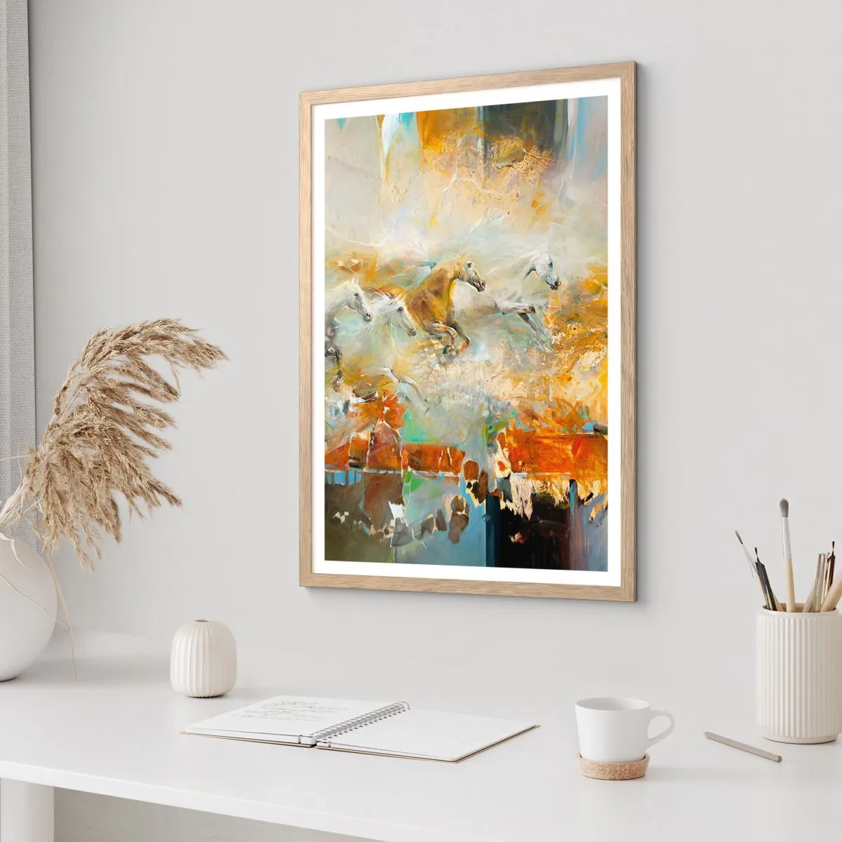 Poster in einem Rahmen aus heller Eiche - Im Galopp durch das Licht - 40x50 cm