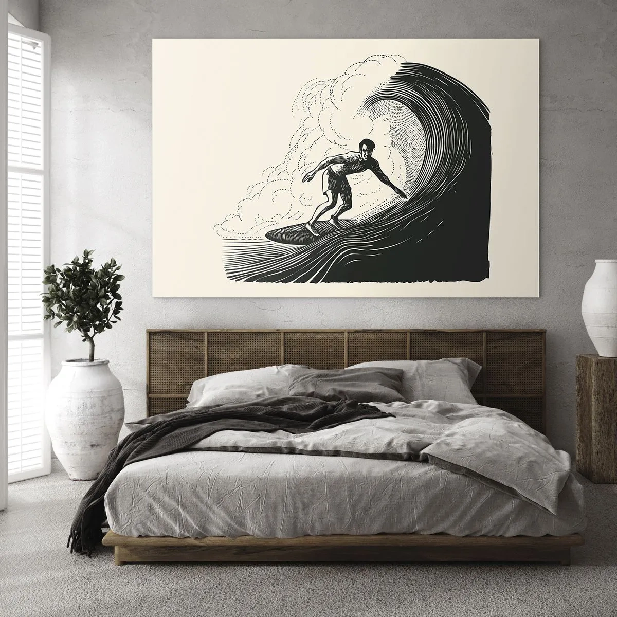 Glasbild - Bild auf glas - Surfer reitet auf einer hohen Welle im Retro-Zeichenstil - 70x50cm - König der Welle - Moderne Wanddekoration für Wohnzimmer und Schlafzimmer ARTTOR