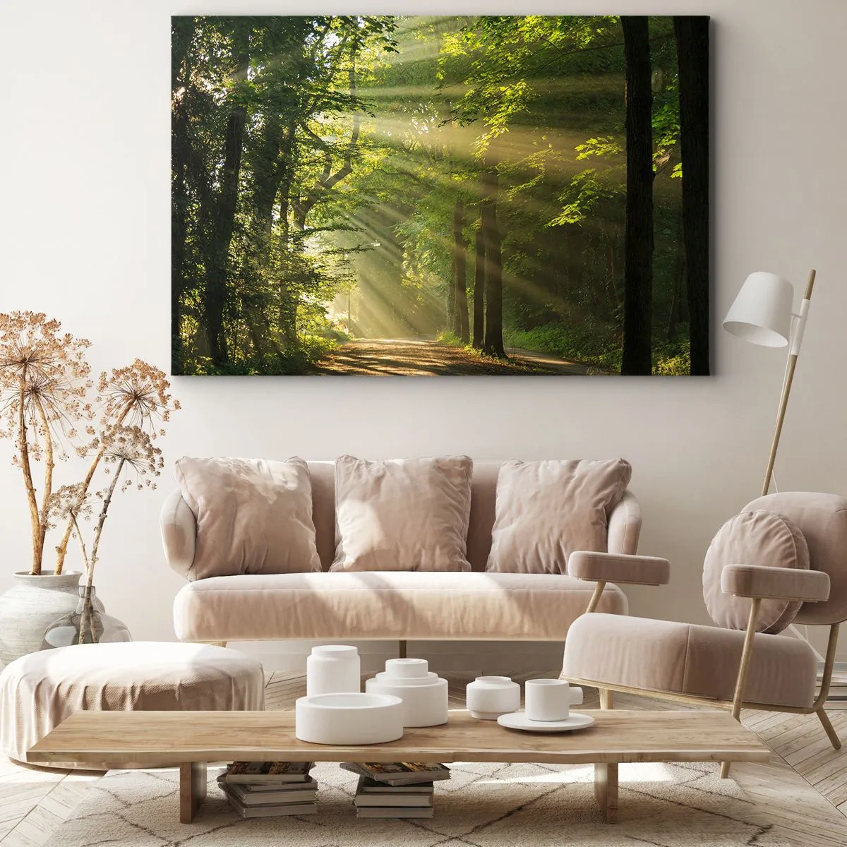 Bild auf Leinwand - Leinwandbild - Waldweg mit Sonnenstrahlen, die durch die Bäume scheinen - 120x80cm - Waldmoment - Moderne Wanddekoration für Wohnzimmer und Schlafzimmer ARTTOR