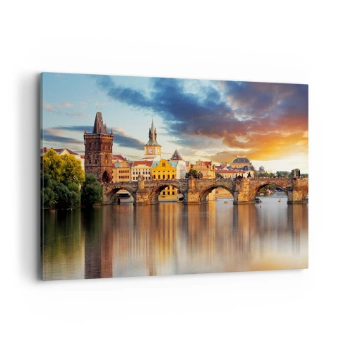 Bild auf Leinwand - Leinwandbild - Die historische Brücke über den Fluss im Licht der untergehenden Sonne - 100x70cm - Schön seit Ewigkeiten - Moderne Wanddekoration für Wohnzimmer und Schlafzimmer ARTTOR