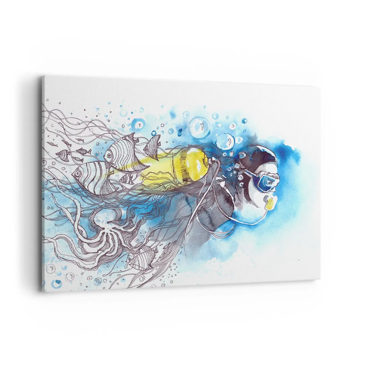 Bild auf Leinwand - Leinwandbild - Unterwasserszene mit einem Taucher und exotischen Fischen - 100x70cm - Tolles Blau - Moderne Wanddekoration für Wohnzimmer und Schlafzimmer ARTTOR