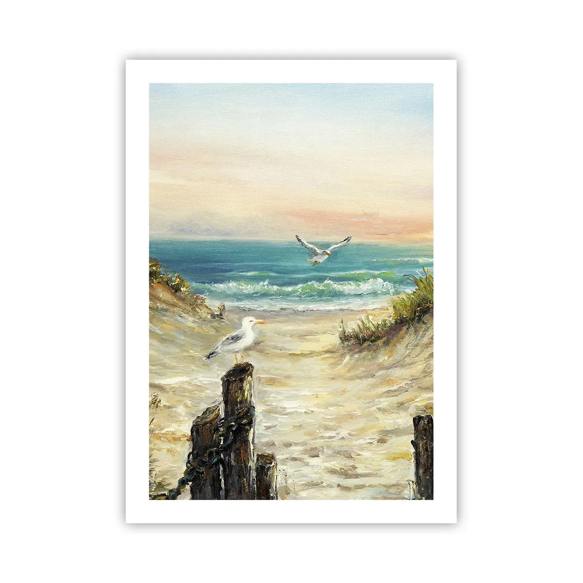 Poster - Strand mit Möwen und Wellen bei Sonnenuntergang - 50x70cm - Windlose Abgeschiedenheit - Moderne Wanddekoration für Wohnzimmer und Schlafzimmer ARTTOR