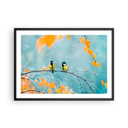 Poster in einem schwarzem Rahmen - Zwei Vögel auf einem Ast in einer Winterlandschaft mit gelben Blättern. - 70x50cm - Vogelklatsch - Moderne Wanddekoration für Wohnzimmer und Schlafzimmer ARTTOR