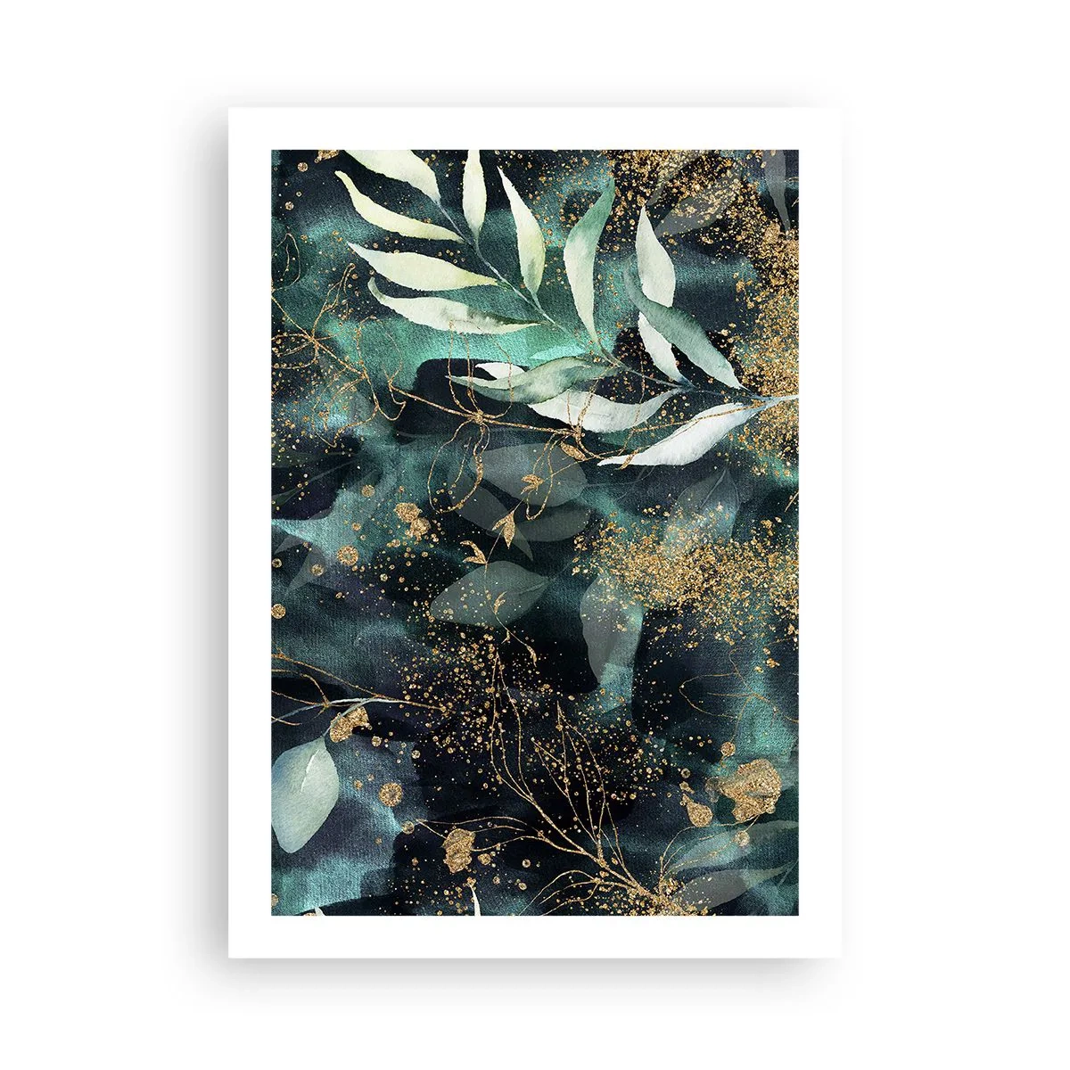 Poster - Grüne Blätter und goldene Akzente auf dunklem Hintergrund - 50x70cm - Zaubergarten - Moderne Wanddekoration für Wohnzimmer und Schlafzimmer ARTTOR