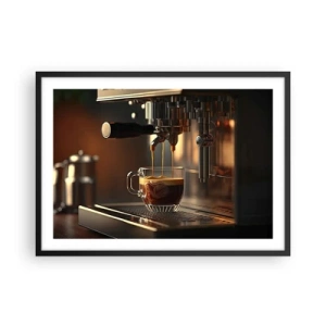 Poster in einem schwarzem Rahmen - Kaffeemaschine mit einer Tasse aromatischem Espresso - 70x50cm - Sinnliche Mischung - Moderne Wanddekoration für Wohnzimmer und Schlafzimmer ARTTOR