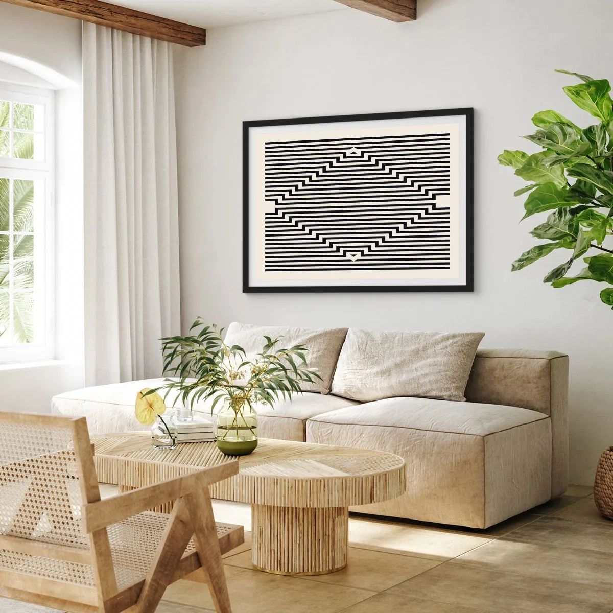 Poster in einem schwarzem Rahmen - Schwarze und weiße Linien erzeugen einen geometrischen Illusionseffekt - 100x70cm - Geometrische Illusion - Moderne Wanddekoration für Wohnzimmer und Schlafzimmer ARTTOR