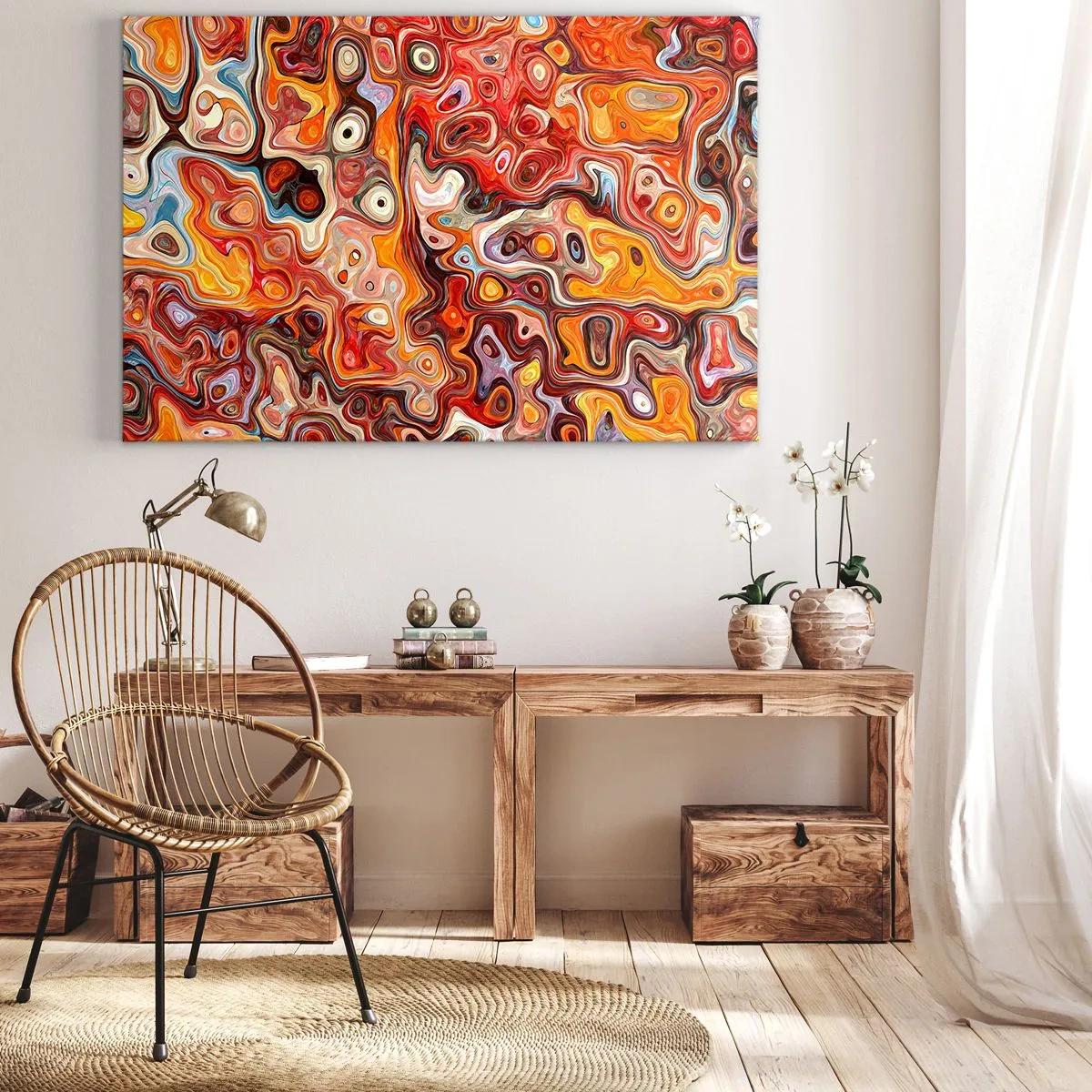 Bild auf Leinwand - Leinwandbild - Eine abstrakte Komposition in warmen Rot-, Orange- und Gelbtönen. - 70x50cm - Wenn die Nüsse in Honig geschmolzen sind - Moderne Wanddekoration für Wohnzimmer und Schlafzimmer ARTTOR
