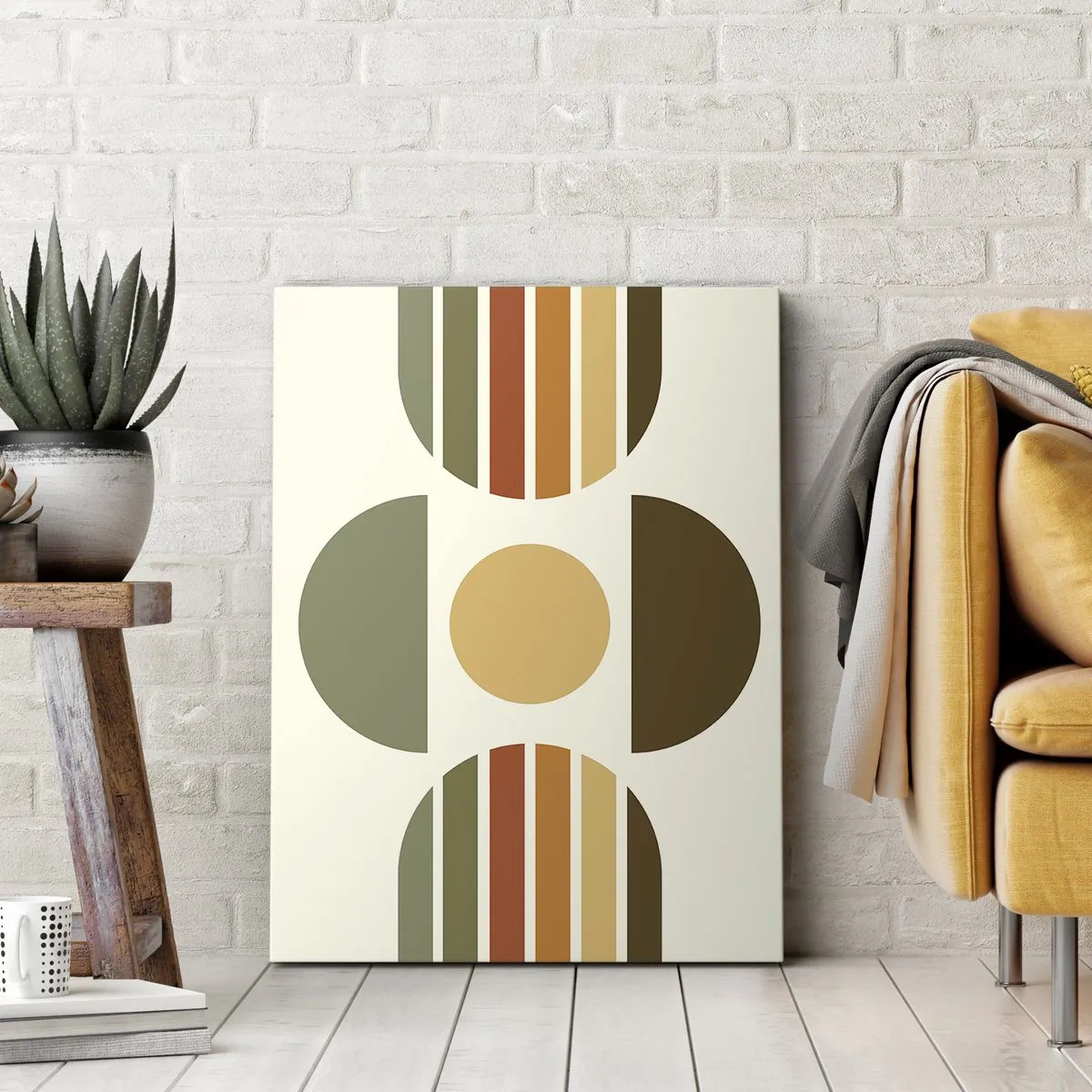 Bild auf Leinwand - Leinwandbild - Geometrische Komposition mit Halbkreisen und Streifen in Erdtönen - 50x70cm - In Erdtönen - Moderne Wanddekoration für Wohnzimmer und Schlafzimmer ARTTOR
