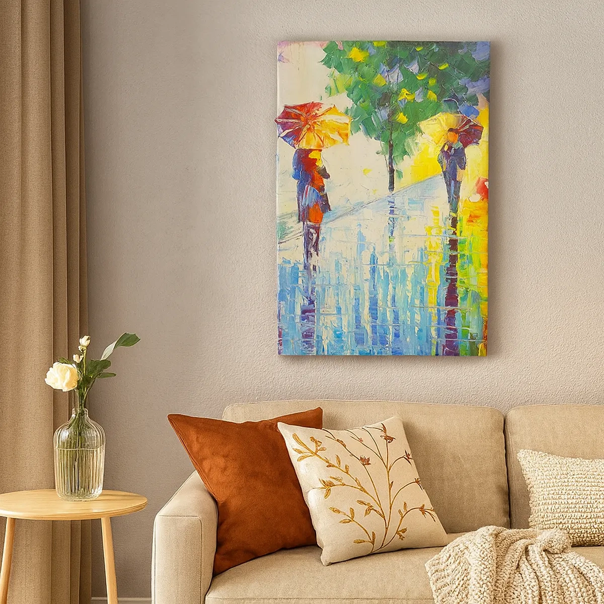 Bild auf Leinwand - Leinwandbild - Ein Spaziergang mit Regenschirm in einer farbenfrohen Regenlandschaft - 50x70cm - Und alles klar - Moderne Wanddekoration für Wohnzimmer und Schlafzimmer ARTTOR
