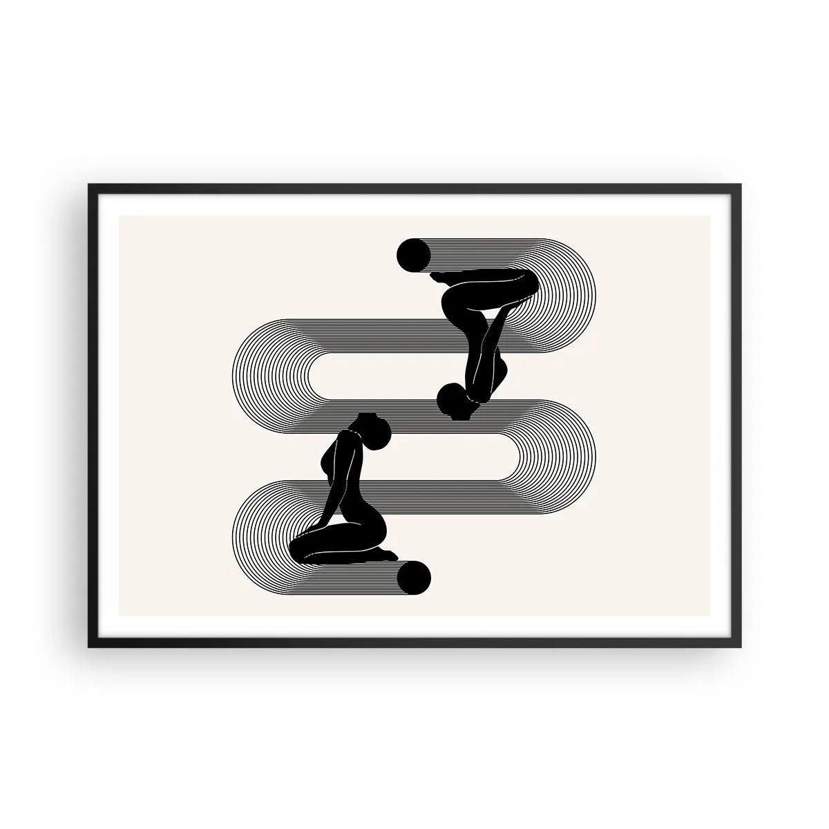 Poster in einem schwarzem Rahmen - Schwarze Silhouetten mit geometrischen Linien auf hellem Hintergrund - 100x70cm - Sinnliche Symmetrie - Moderne Wanddekoration für Wohnzimmer und Schlafzimmer ARTTOR