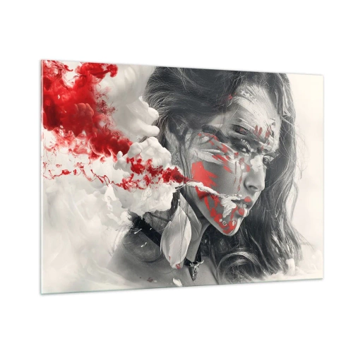 Glasbild - Bild auf glas - Porträt einer Frau mit abstrakten rot-weißen Mustern - 100x70cm - Im Dunst der Absurdität - Moderne Wanddekoration für Wohnzimmer und Schlafzimmer ARTTOR
