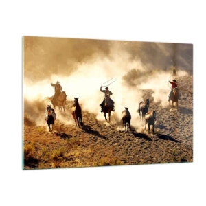 Glasbild - Bild auf glas - Cowboys zu Pferd im Staub bei einem Rodeo - 120x80cm - Wirklich wilder Westen - Moderne Wanddekoration für Wohnzimmer und Schlafzimmer ARTTOR