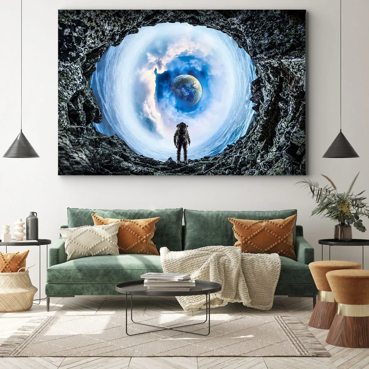 Bild auf Leinwand - Leinwandbild - Astronaut vor einer Weltraumlandschaft mit der Erde im Hintergrund - 120x80cm - Es ist nicht weit von zu Hause - Moderne Wanddekoration für Wohnzimmer und Schlafzimmer ARTTOR