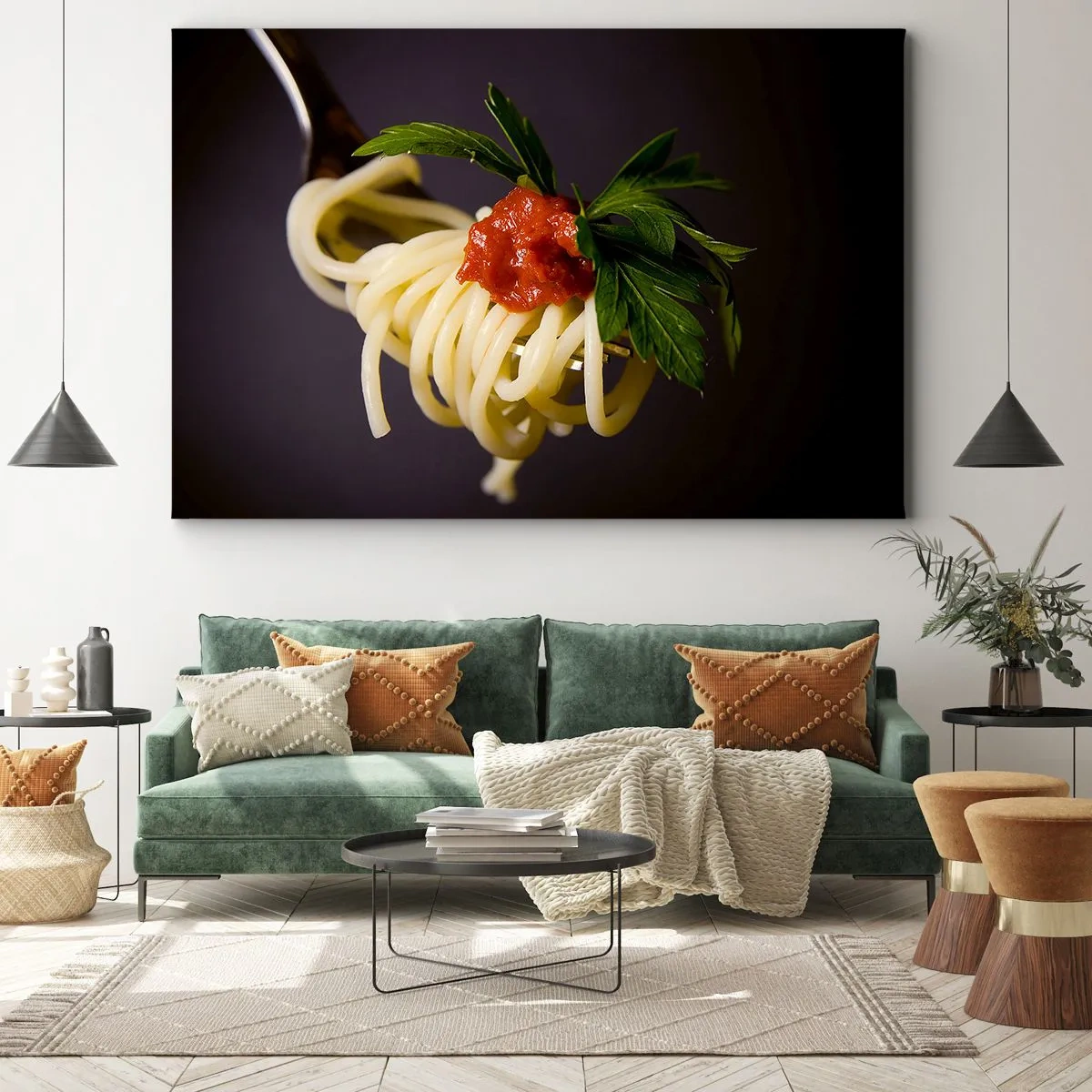 Bild auf Leinwand - Leinwandbild - Spaghetti auf einer Gabel mit Tomatensauce und Petersilie - 120x80cm - Ein leckerer Bissen - Moderne Wanddekoration für Wohnzimmer und Schlafzimmer ARTTOR