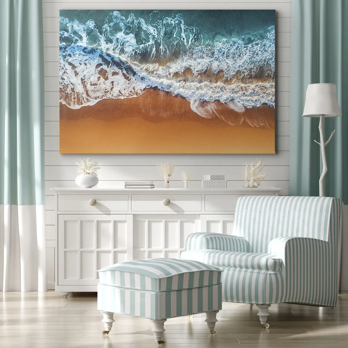 Bild auf Leinwand - Leinwandbild - Luftaufnahme der Meereswellen, die an die Küste krachen - 70x50cm - Immer Hand in Hand - Moderne Wanddekoration für Wohnzimmer und Schlafzimmer ARTTOR