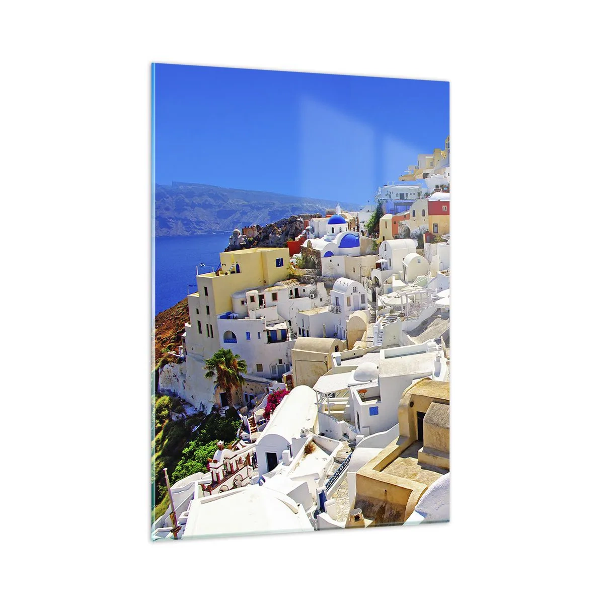 Glasbild - Bild auf glas - Santorini mit weißen Häusern vor blauem Himmel - 50x70cm - Der Traum vom griechischen Sommer - Moderne Wanddekoration für Wohnzimmer und Schlafzimmer ARTTOR