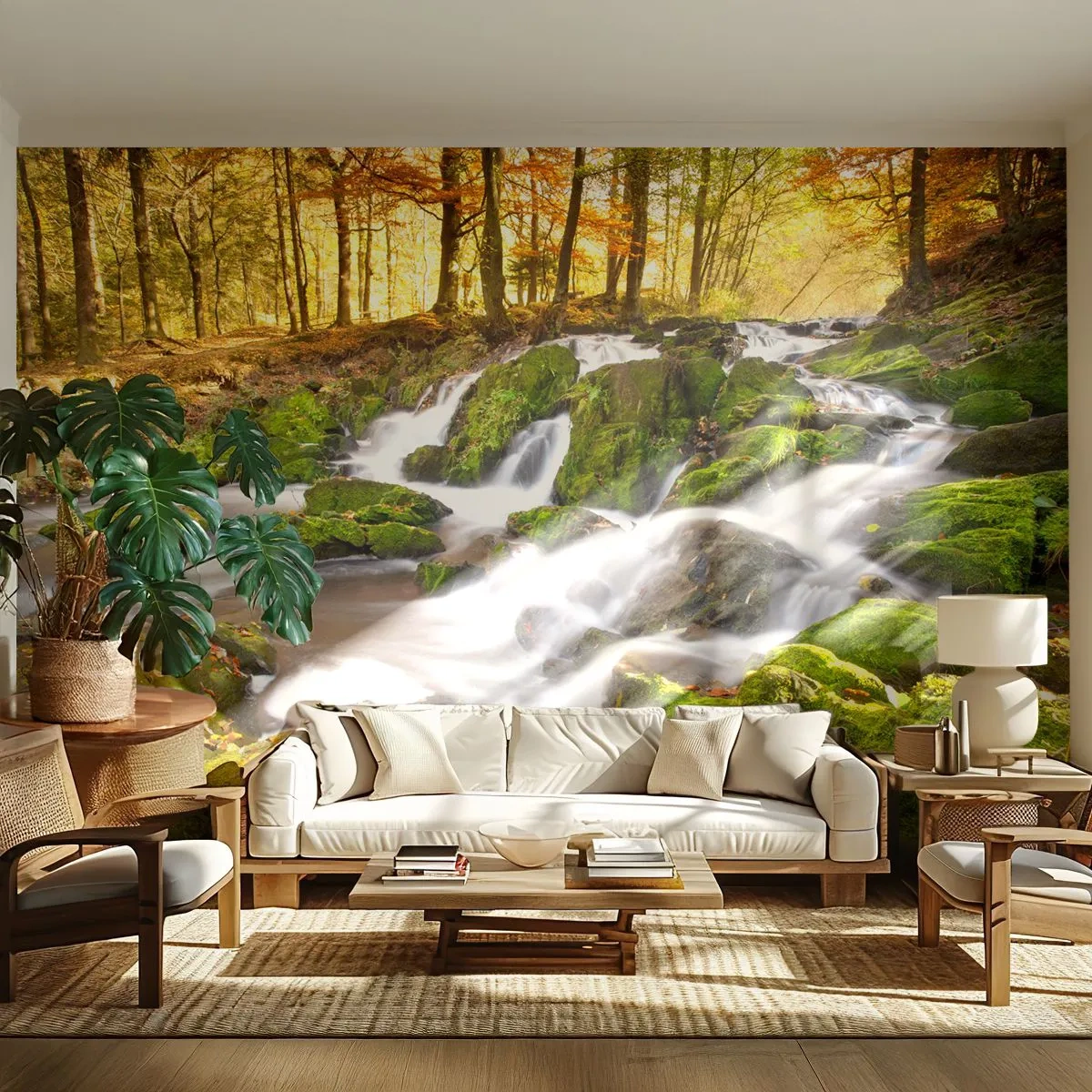 Fototapete Premium Sand - Ein malerischer Waldwasserfall, umgeben von grünem Moos - 100x70cm - Rasch durch den herbstlichen Wald - Moderne Wanddekoration für Wohnzimmer und Schlafzimmer ARTTOR