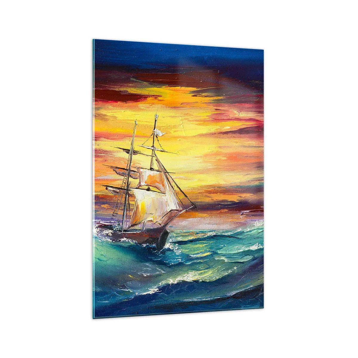 Glasbild - Bild auf glas - Ein Segelschiff vor der Kulisse eines farbenfrohen Sonnenuntergangs - 70x100cm - Tapfer unter den Wellen - Moderne Wanddekoration für Wohnzimmer und Schlafzimmer ARTTOR