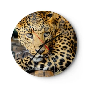 Wanduhr - Glasuhr - Porträt eines Leoparden mit intensivem Blick - 30x30cm - Keine Angst, komm mal her - Moderne Wanddekoration für Wohnzimmer, Küche und Schlafzimmer ARTTOR