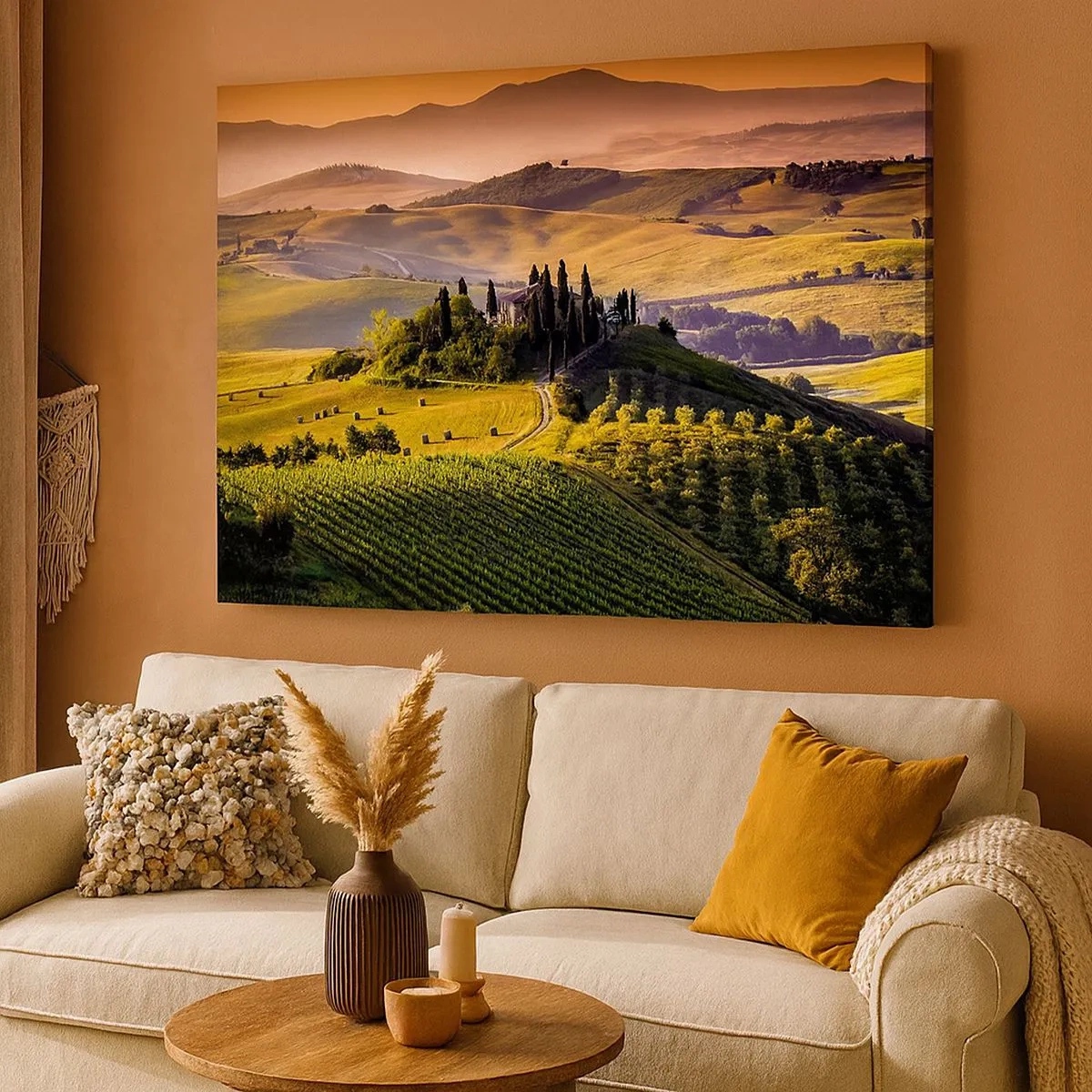 Bild auf Leinwand - Leinwandbild - Toskanische Landschaft mit Weinbergen und einem Haus auf einem Hügel - 70x50cm - Arkadien - die toskanische Landschaft - Moderne Wanddekoration für Wohnzimmer und Schlafzimmer ARTTOR