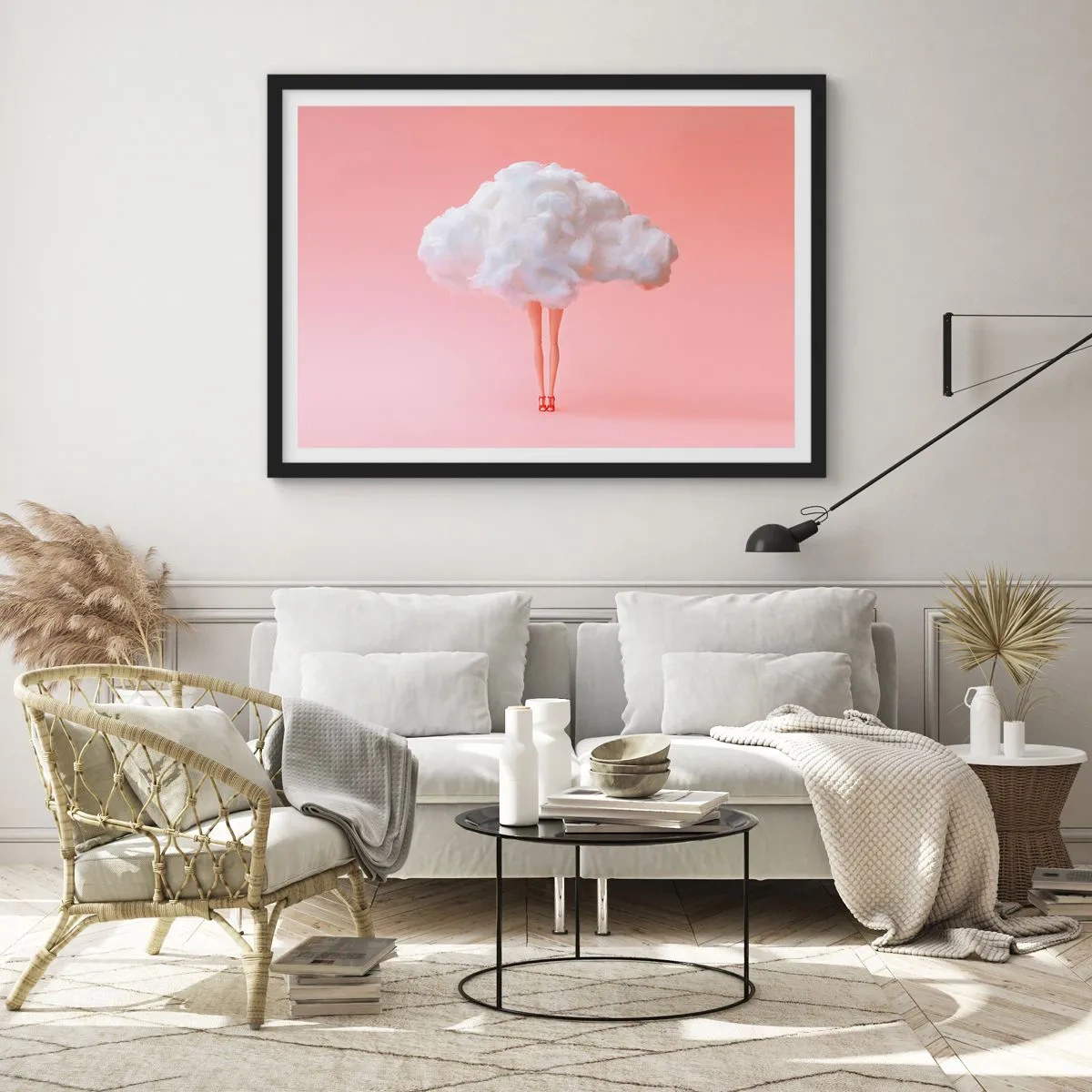 Poster in einem schwarzem Rahmen - Beine in einer Wolke auf rosa Hintergrund - 100x70cm - Süßes Versprechen - Moderne Wanddekoration für Wohnzimmer und Schlafzimmer ARTTOR